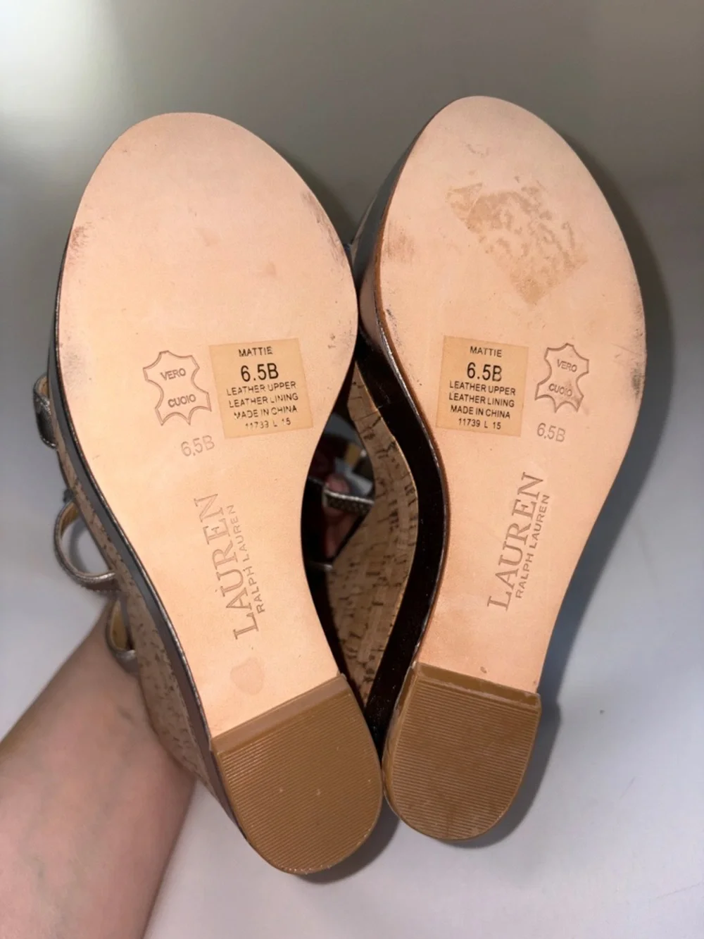 Lauren Ralph Lauren Mattie Metallic Silver‎ Beaded Cork Wedge Sandals Size 6.5